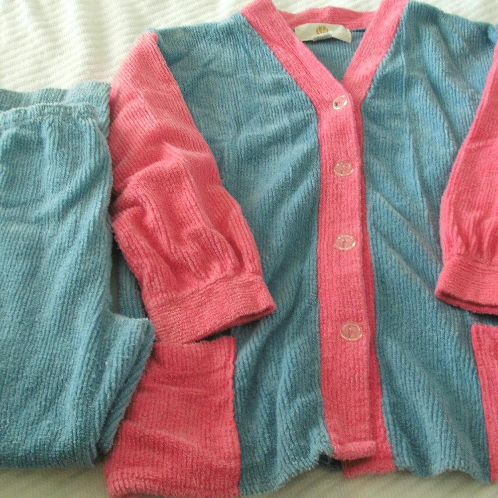 Vintage Stan Herman Pink and Blue Chenille Lounge Wear Set Size Large
